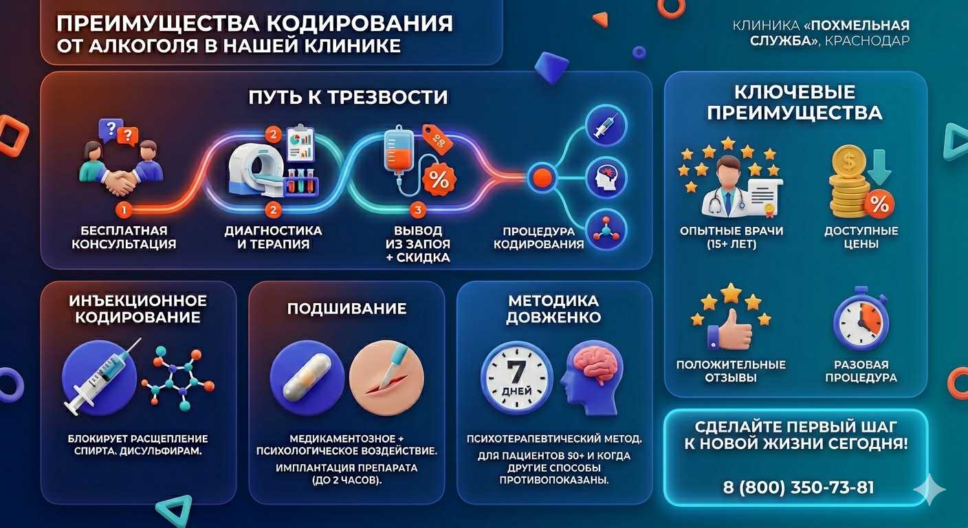 Инфографика о методах кодирования от алкоголя в Трудобеликовском: инъекции, подшивание, метод Довженко. Преимущества клиники и этапы лечения.