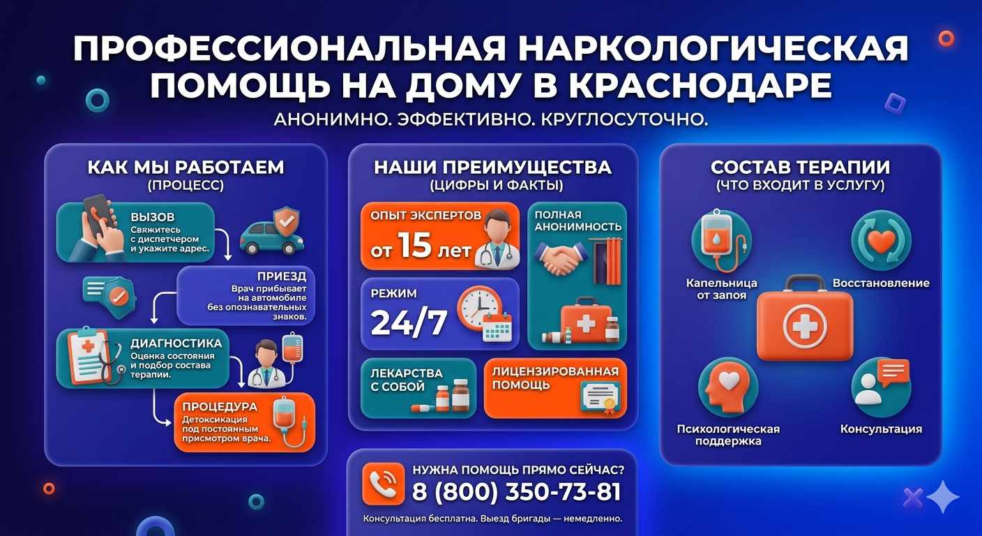 Инфографика о принципах лечения алкоголизма на дому в Трудобеликовском: этапы вызова нарколога, преимущества анонимной детоксикации и состав медицинской помощи.